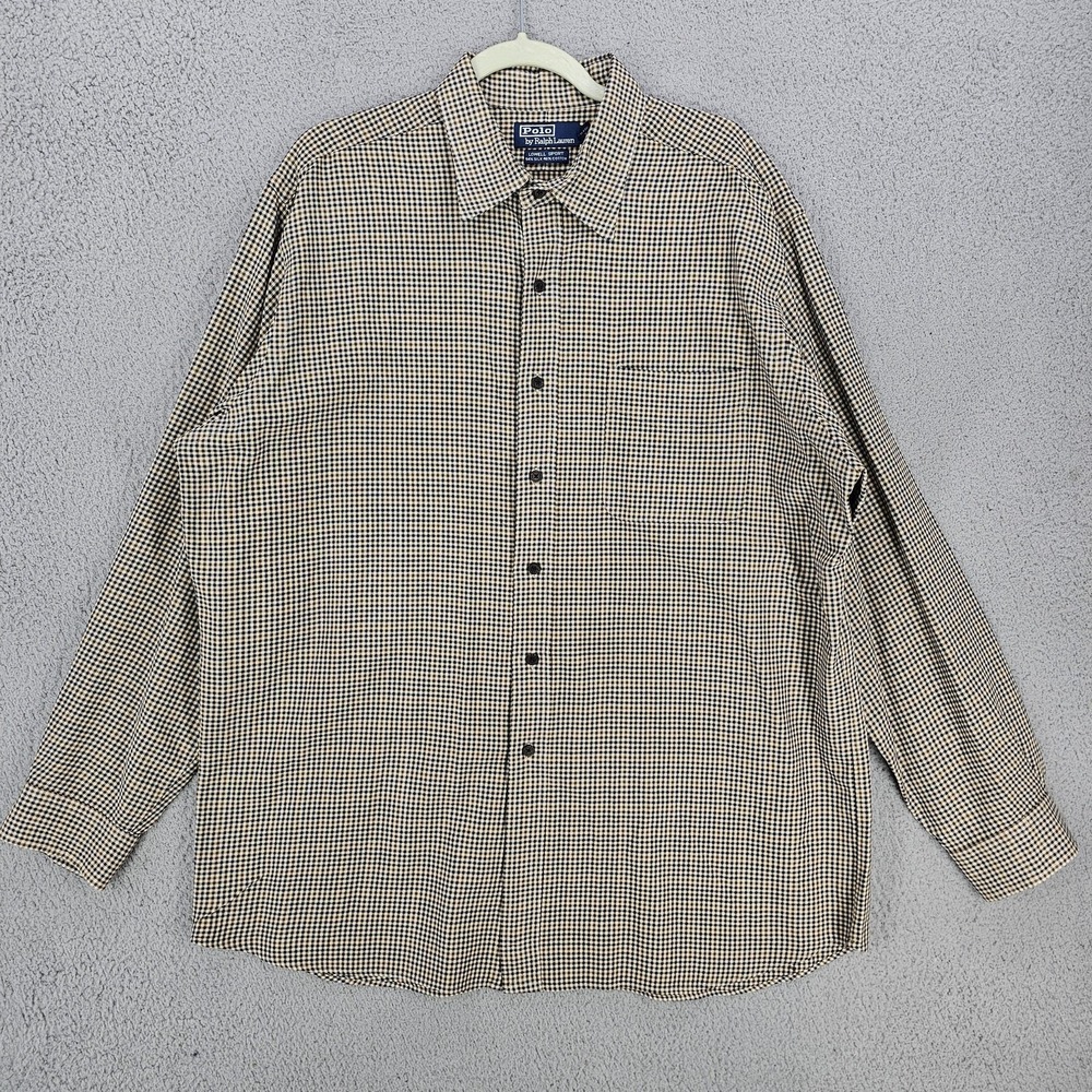 Polo Ralph Lauren Lowell Sport Shirt Mens XL Beige Check Silk Cotton Button Up